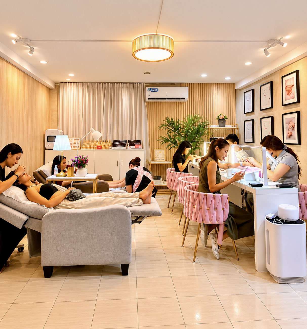 wide view of AyuriNails Beauty Lounge nail salon with pink manicure chairs and lash beds, Makati